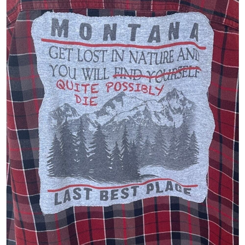 Montana Camping Plaid Flannel Shirt XL Upcycle Unique Last Best Place Outdoors - Picture 2 of 6